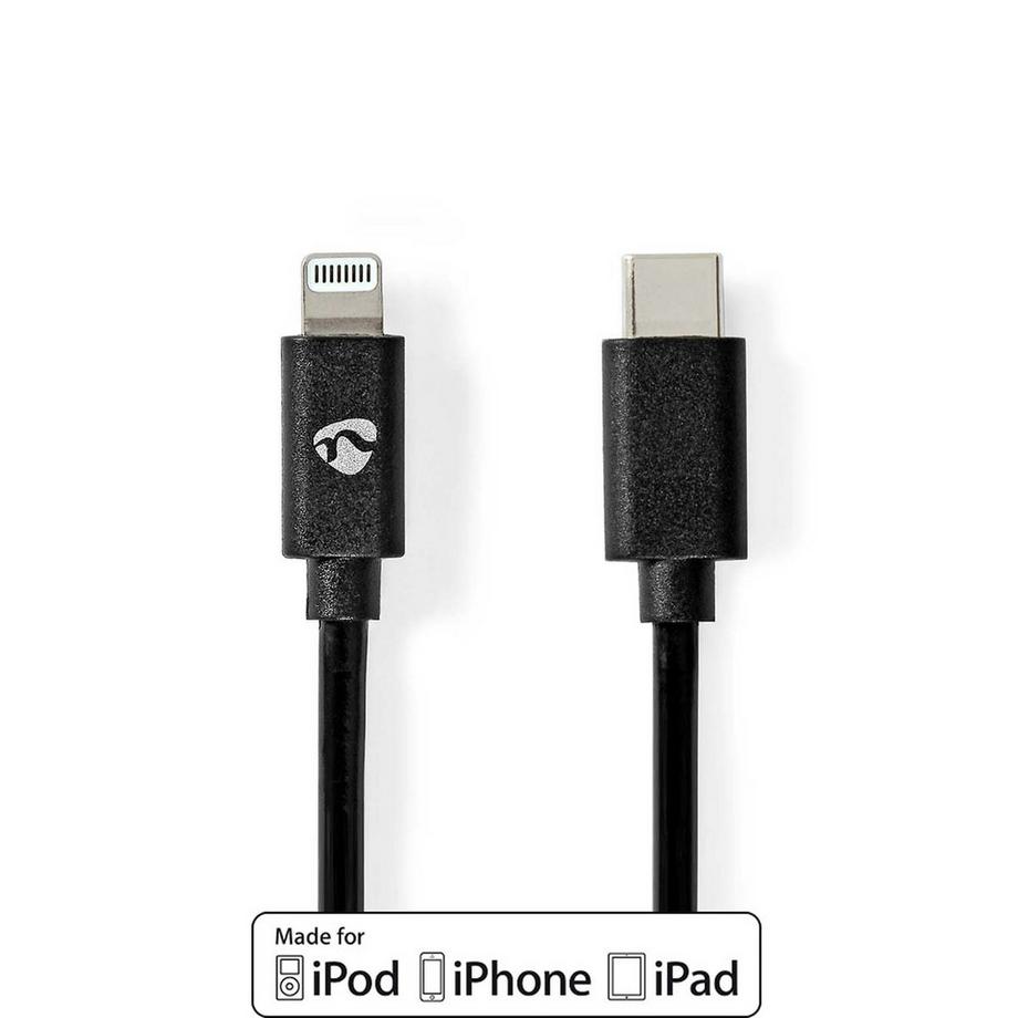Nedis  Câble Lightning | USB 2.0 | Apple Lightning, 8 broches | USB-C™ mâle | 480 Mbps | Nickelé | 2,00 m | Rond | PVC | Noir | Enveloppe 