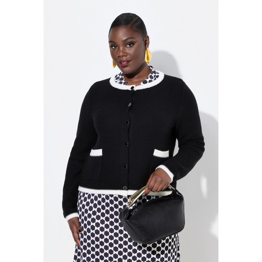 Ulla Popken Cardigan Poignets Décoratifs Col Rond Manches Longues  