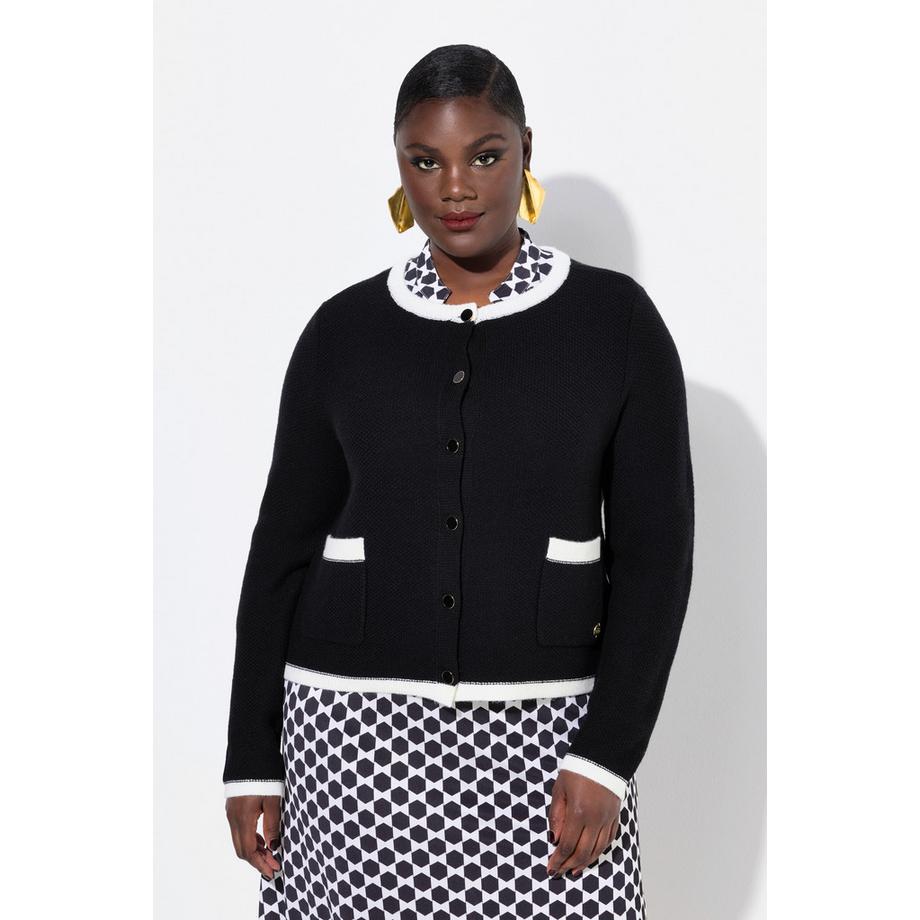 Ulla Popken Cardigan Poignets Décoratifs Col Rond Manches Longues  