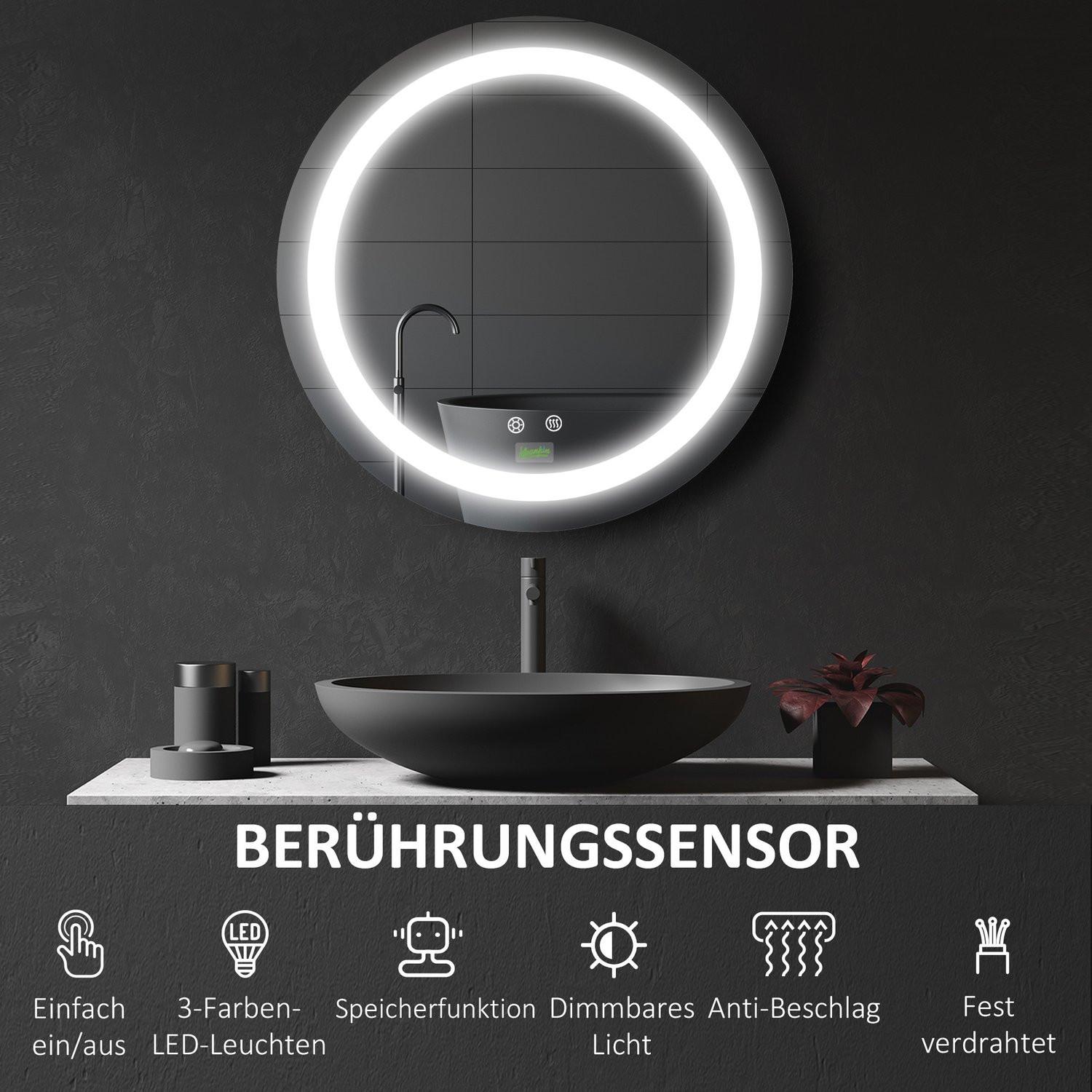 Northio Specchio da bagno, Ø50 cm IP44, specchio da bagno con illuminazione a LED, funzione touch, funzione memory, antiappannamento  