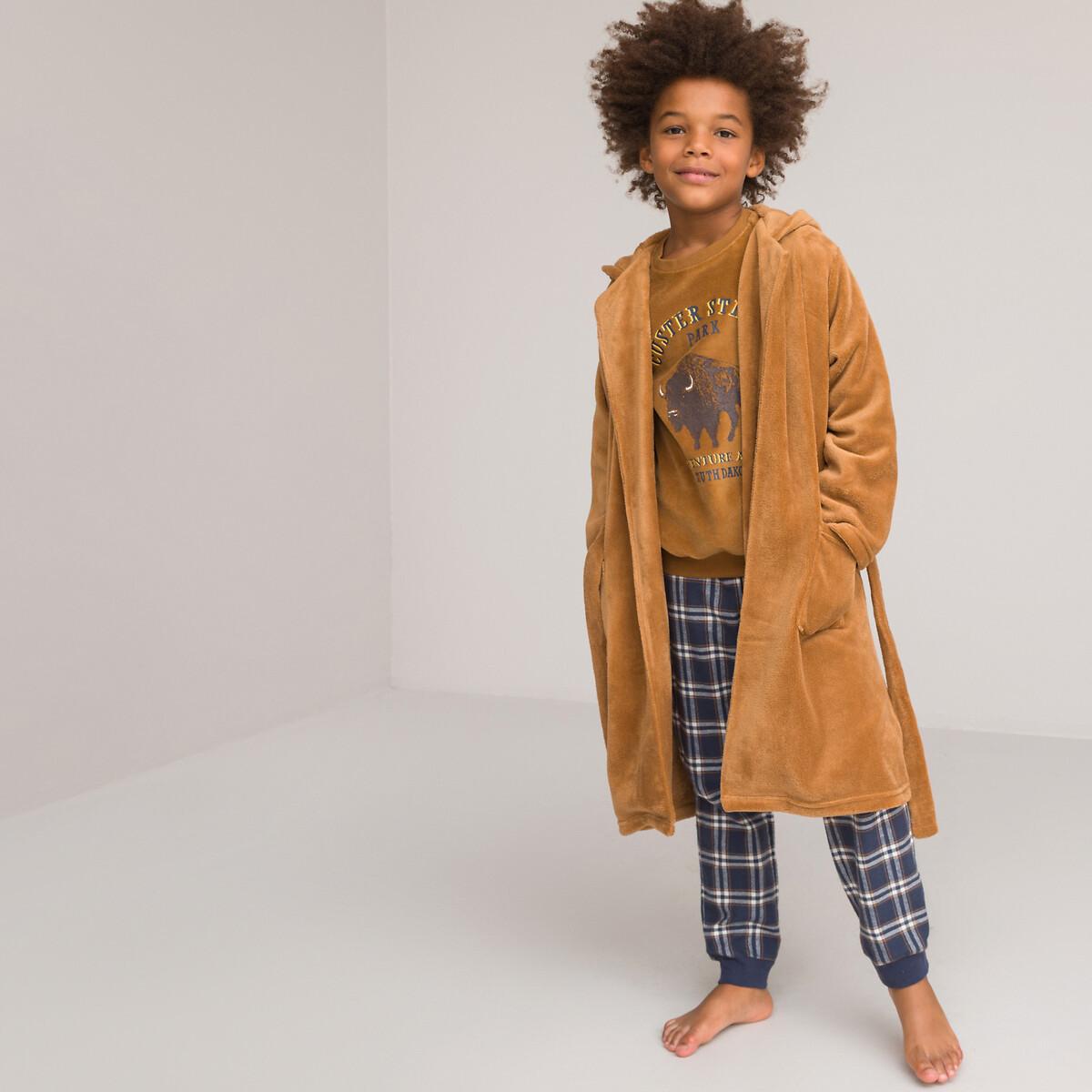 Image of Fleece-morgenmantel Mit Bestickter Kapuze Unisex Braun 3A