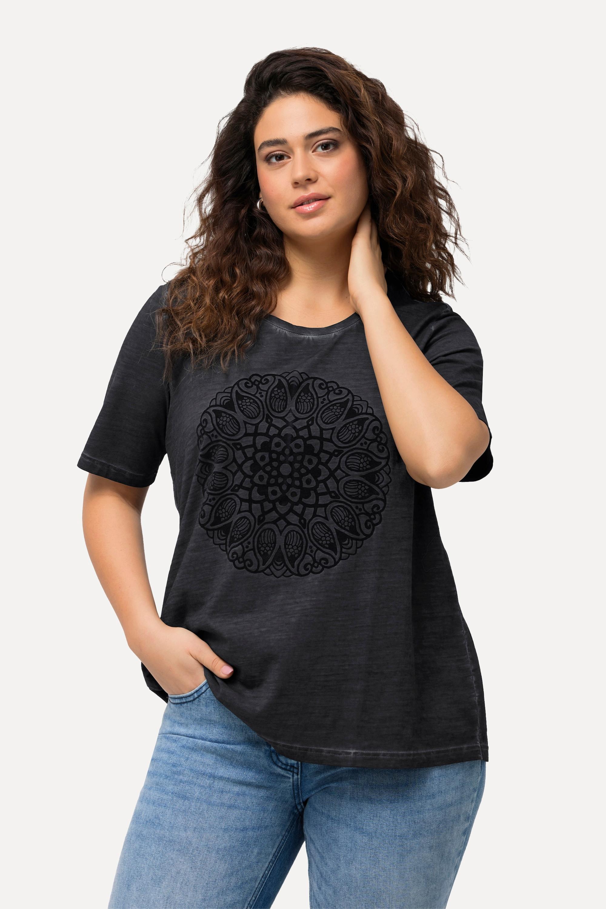 Ulla Popken  T-shirt Classic à col rond et manches courtes, motif mandala 