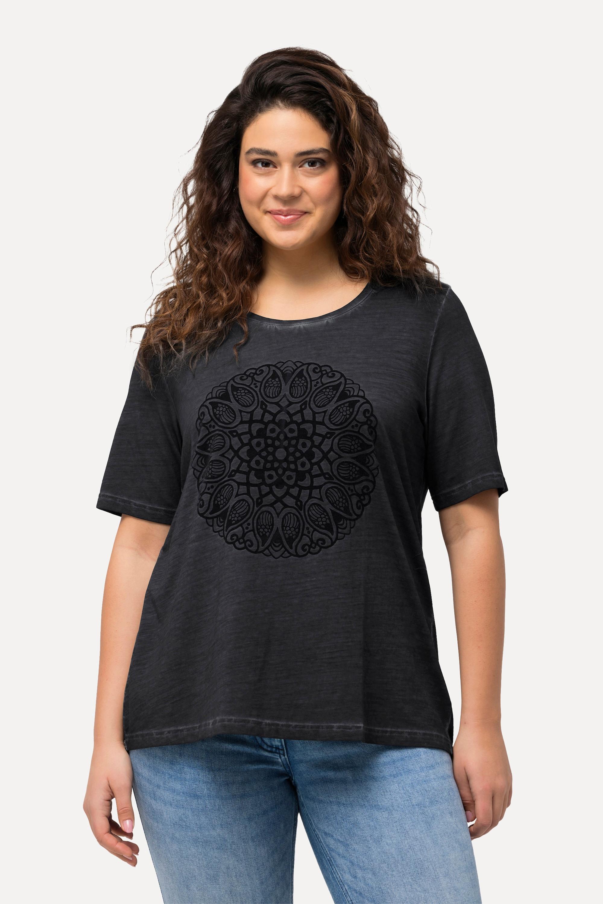 Ulla Popken  T-shirt Classic à col rond et manches courtes, motif mandala 