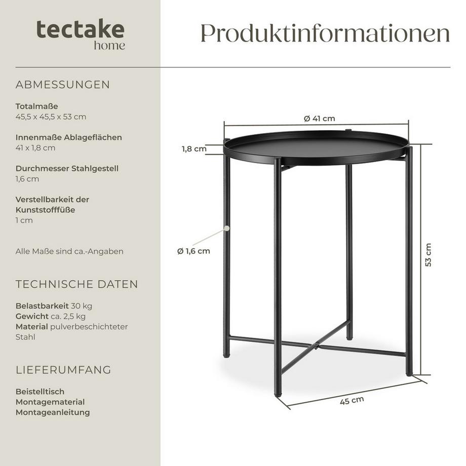 Tectake Beistelltisch Chester Stahl rund mit abnehmbarer Ablage  