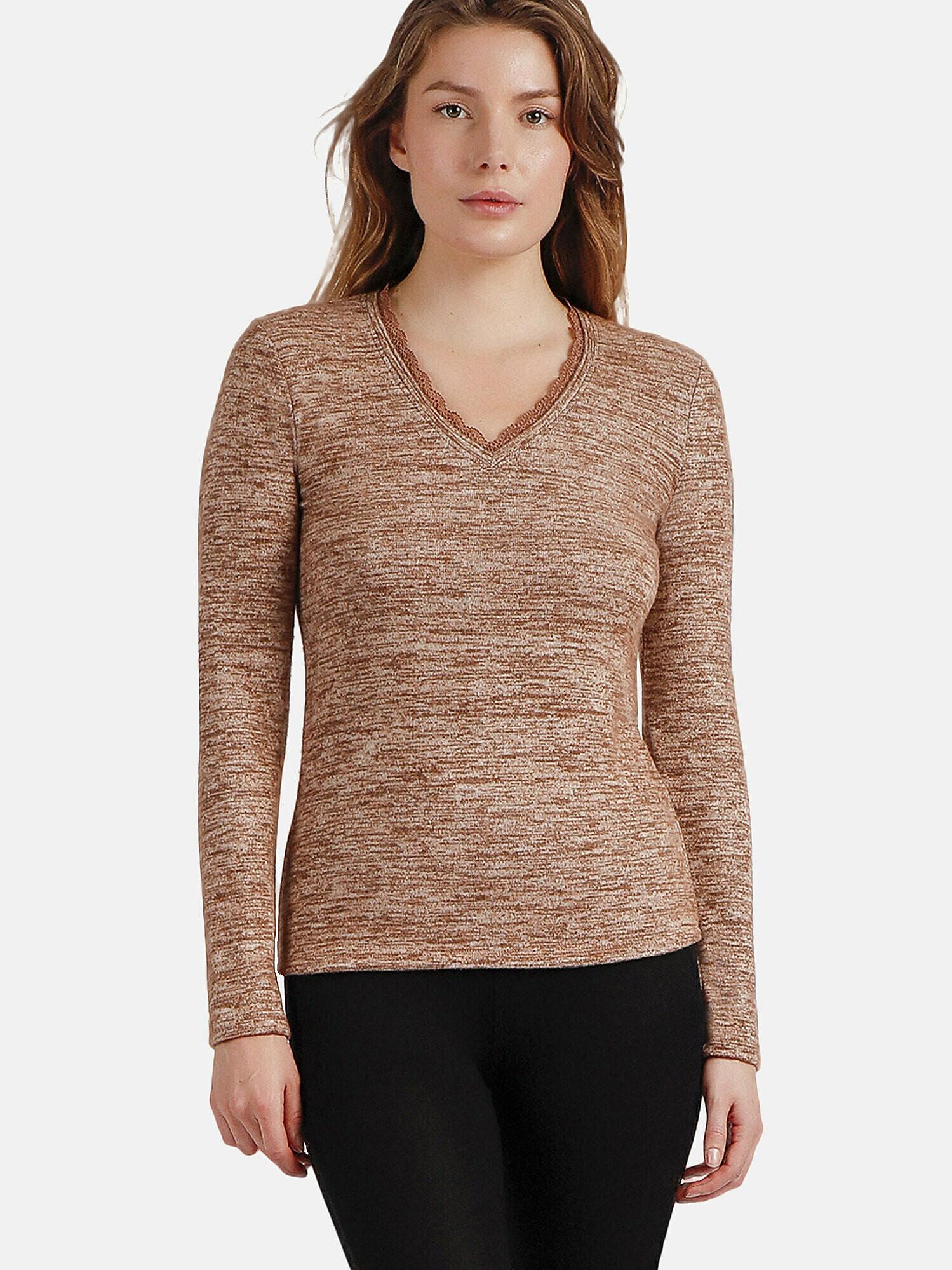 Image of Top Mit Langen Ärmeln Und V-ausschnitt Puntilla Damen Light Beige XL