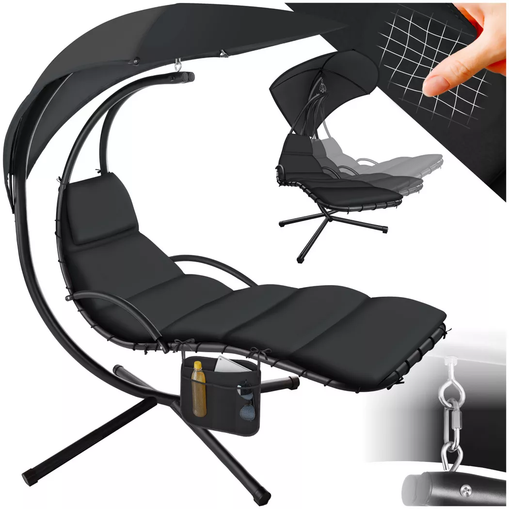 tectake® Hängeliege mit Gestell, großes Sonnendach mit UV-Schutz, ergonomisch, 195 x 132 x 197 cm, mit Seitentasche