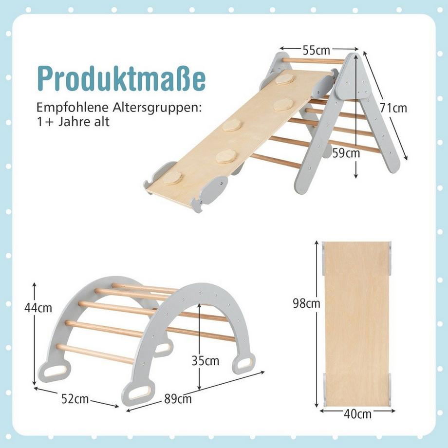 Northio  Kletterdreieck mit Rutsche Kletterbogen inkl. doppelseitige Rampe Grau 