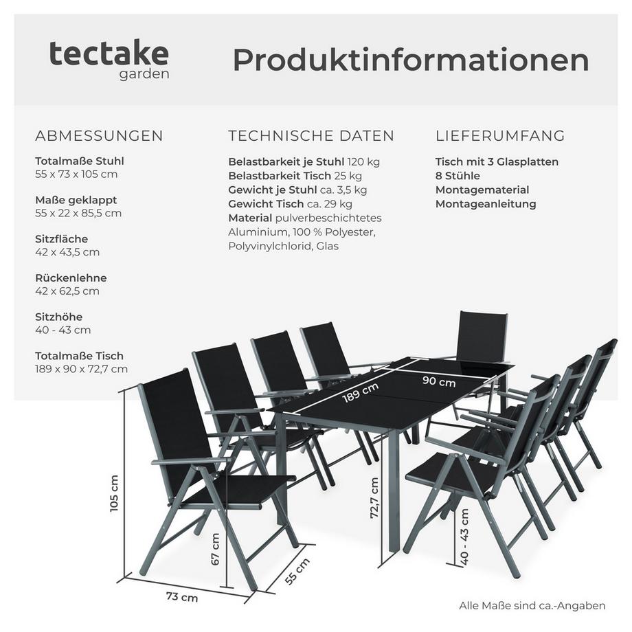 Tectake Aluminium Sitzgruppe Pompeii mit Aluminiumgestell, für 8 Personen wetterfest  