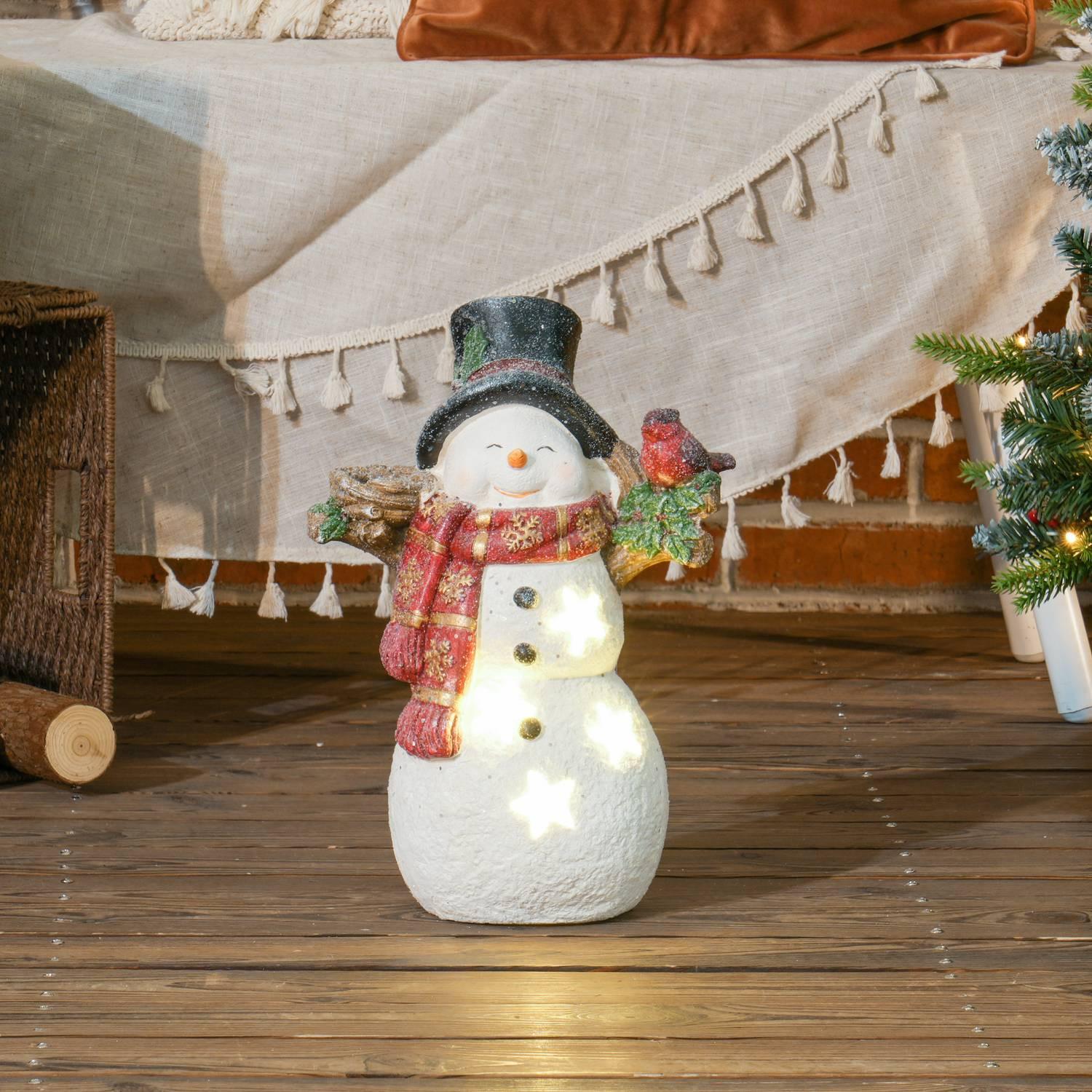 Northio Figura decorativa natalizia, pupazzo di neve con sciarpe, cappelli e uccelli, figura natalizia da 38 cm con luce LED, figura decorativa per Natale, per interni ed esterni  