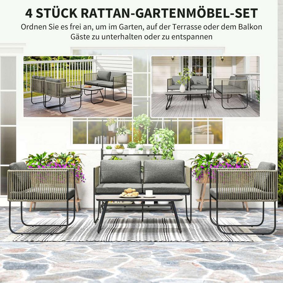 Northio Gartenmöbel Set aus Polyrattan Lounge-Set mit Sofa Sessel Tisch Kissen wetterfest Sitzgruppe für 4 Personen Balkonmöbel Set Gartenlounge Terrassenmöbel für Garten Balkon Braun+Dunkelgrau |  