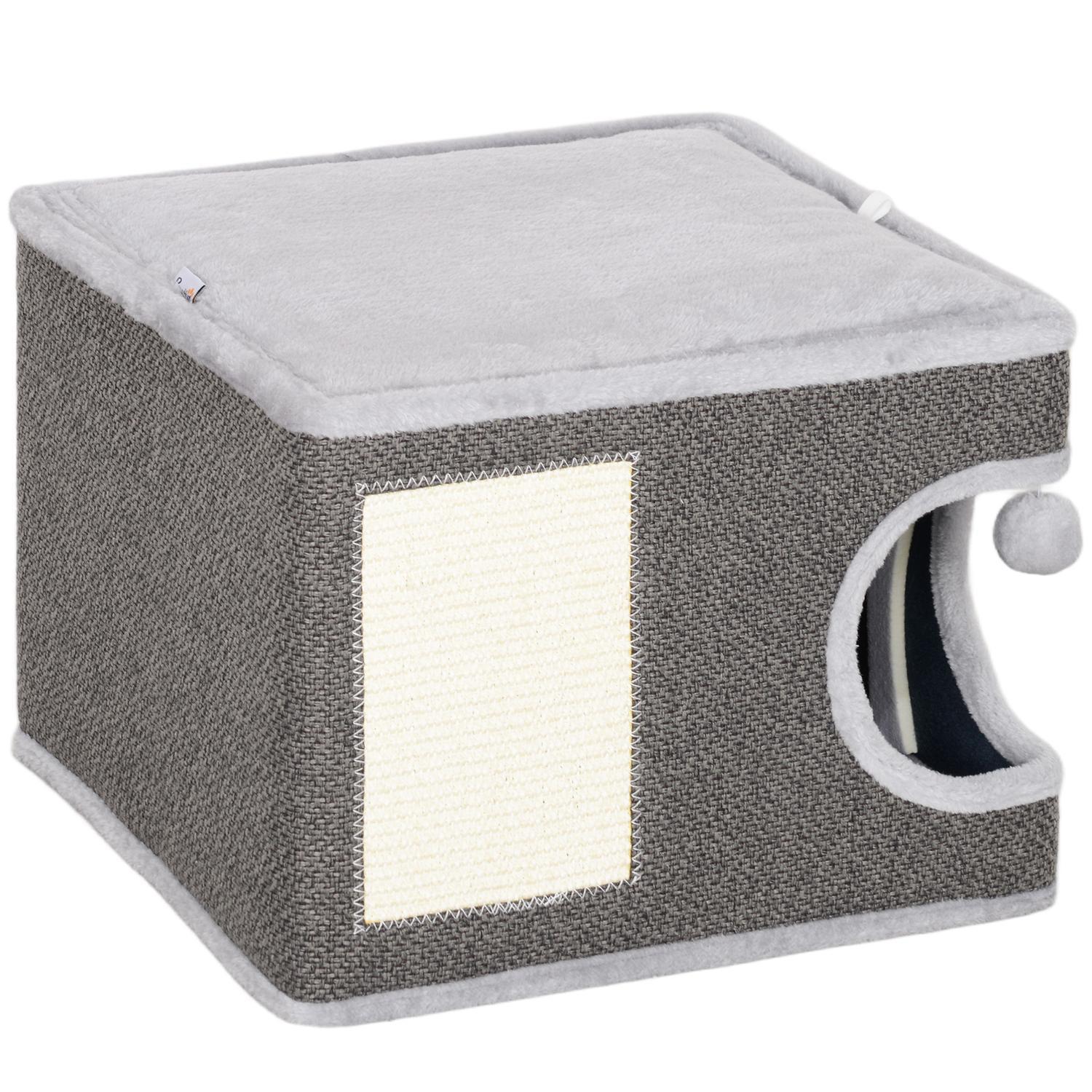 Northio  Tiragraffi alto 35 cm, botte per gatti con grotta, tiragraffi con palla da gioco, torre per gatti in sisal, per gatti fino a 6 kg, grigio scuro + bianco crema 