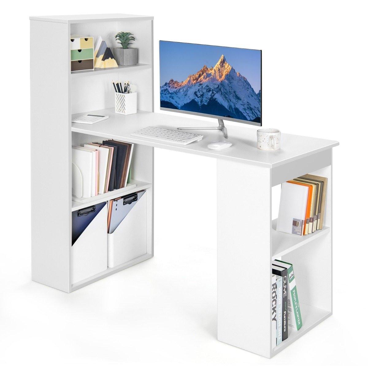 Northix Schreibtisch mit Bücherregal Computertisch mit 6 Regalen PC-Tisch mit Regal Bürotisch Weiß  