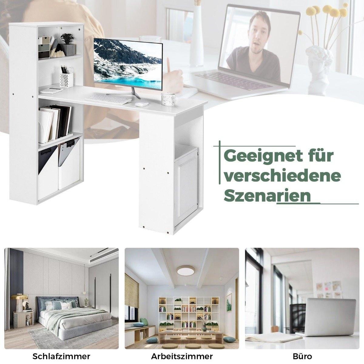 Northix Schreibtisch mit Bücherregal Computertisch mit 6 Regalen PC-Tisch mit Regal Bürotisch Weiß  