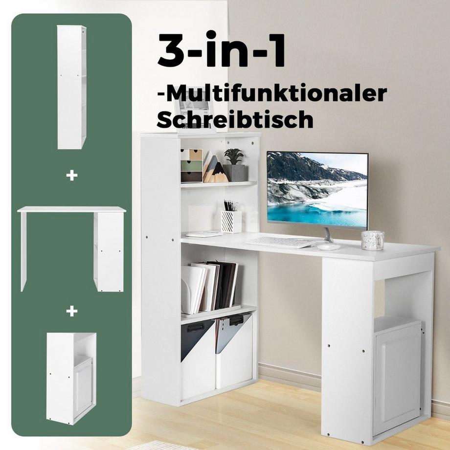 Northix Bureau avec bibliothèque Table d'ordinateur avec 6 étagères Table PC avec étagère Table de bureau blanc  