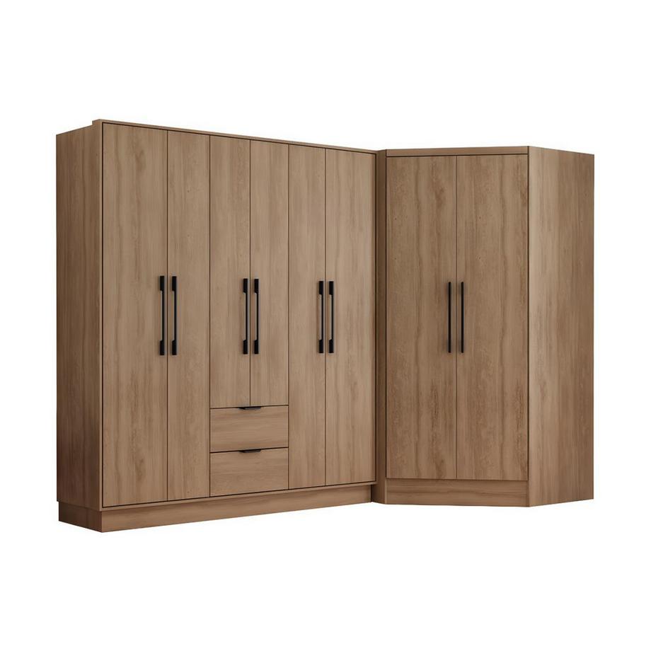 Vente-unique  Armadio angolare 8 ante e 2 cassetti L263 cm Naturale - FEOVA 