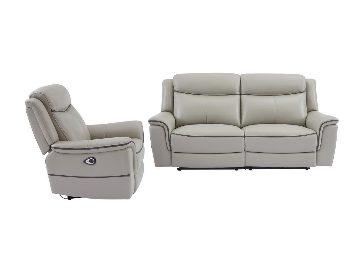 Vente-unique Relaxsofa 3-Sitzer & Relaxsessel elektrisch - Leder - Hellgrau - ADELIO  