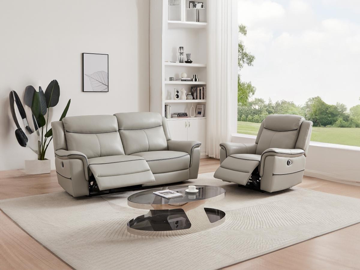 Vente-unique Relaxsofa 3-Sitzer & Relaxsessel elektrisch - Leder - Hellgrau - ADELIO  