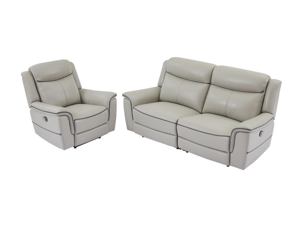 Vente-unique Relaxsofa 3-Sitzer & Relaxsessel elektrisch - Leder - Hellgrau - ADELIO  