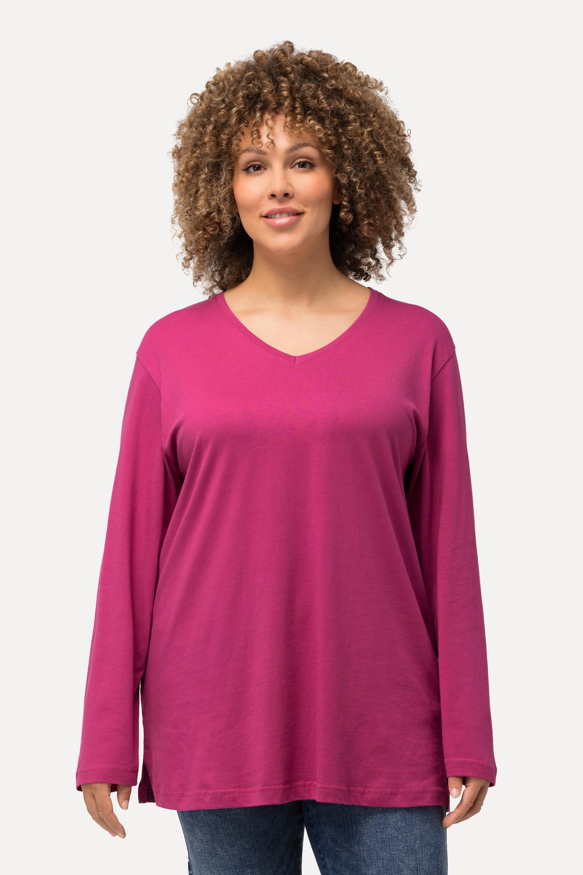 Ulla Popken  T-shirt coupe Relaxed Fit, col en V et manches longues 