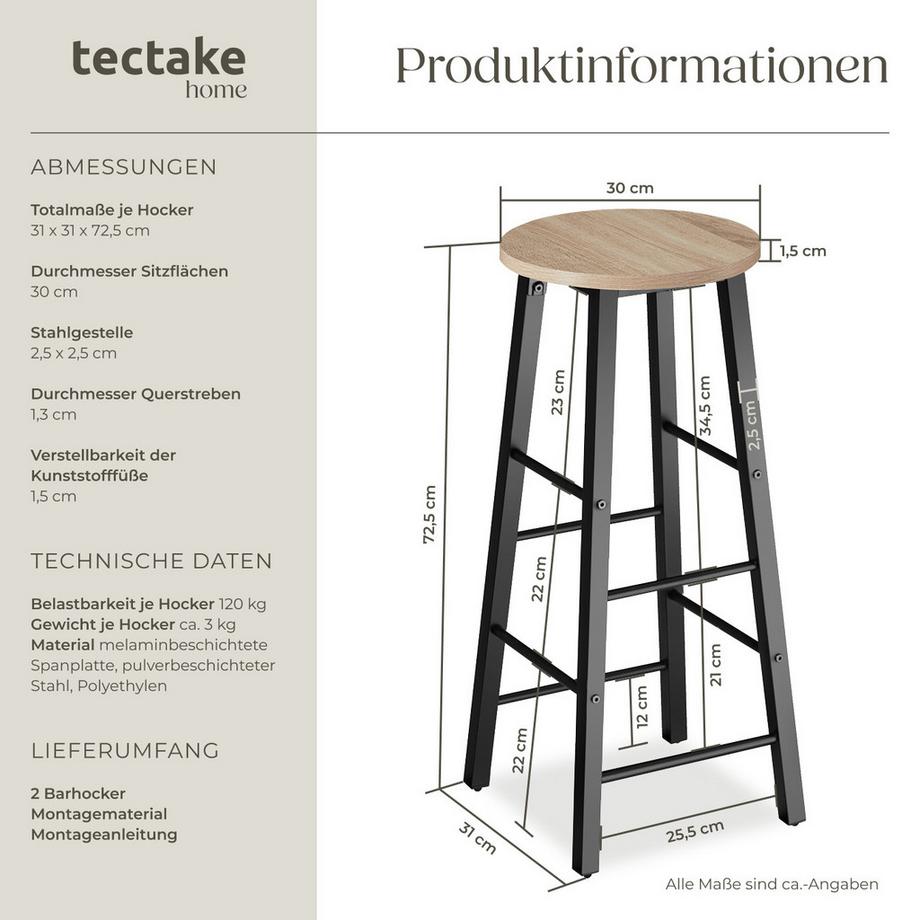 Tectake Set Barhocker Keynes Industrial Style Holz und Stahl 2er Set  