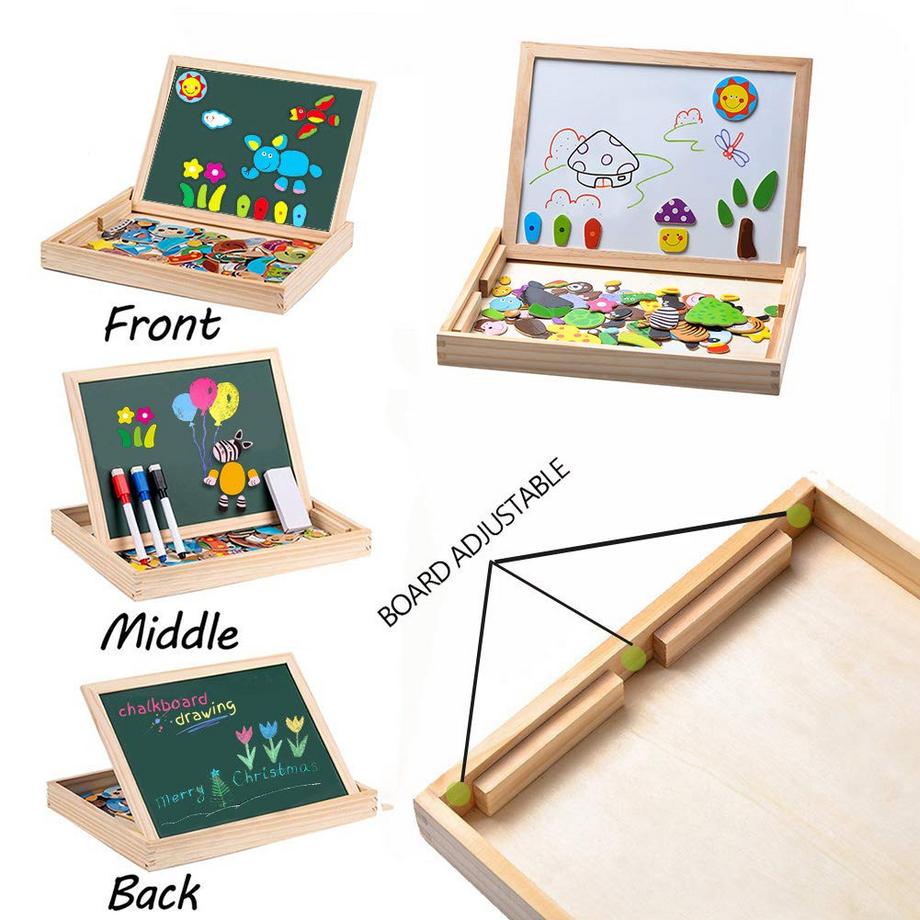 Activity-board  Magnetische Holzpuzzle, doppelseitige magnetische Zeichentafel mit 3 Farbmarkern für Kinder 