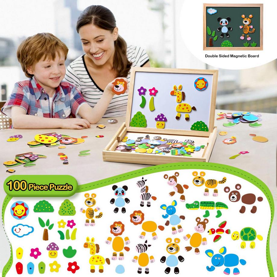 Activity-board  Magnetische Holzpuzzle, doppelseitige magnetische Zeichentafel mit 3 Farbmarkern für Kinder 