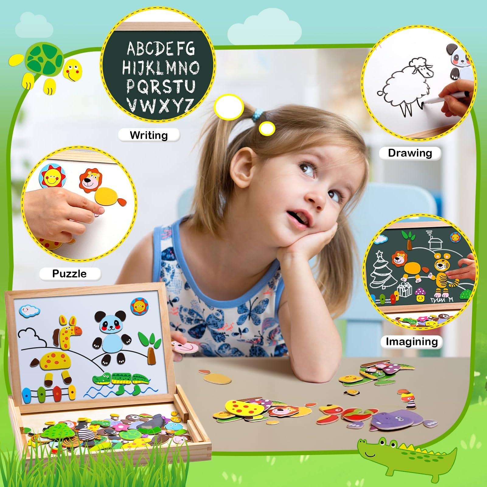 Activity-board  Puzzles magnétiques en bois, tableau de dessin magnétique double face avec 3 marqueurs de couleur pour enfants 