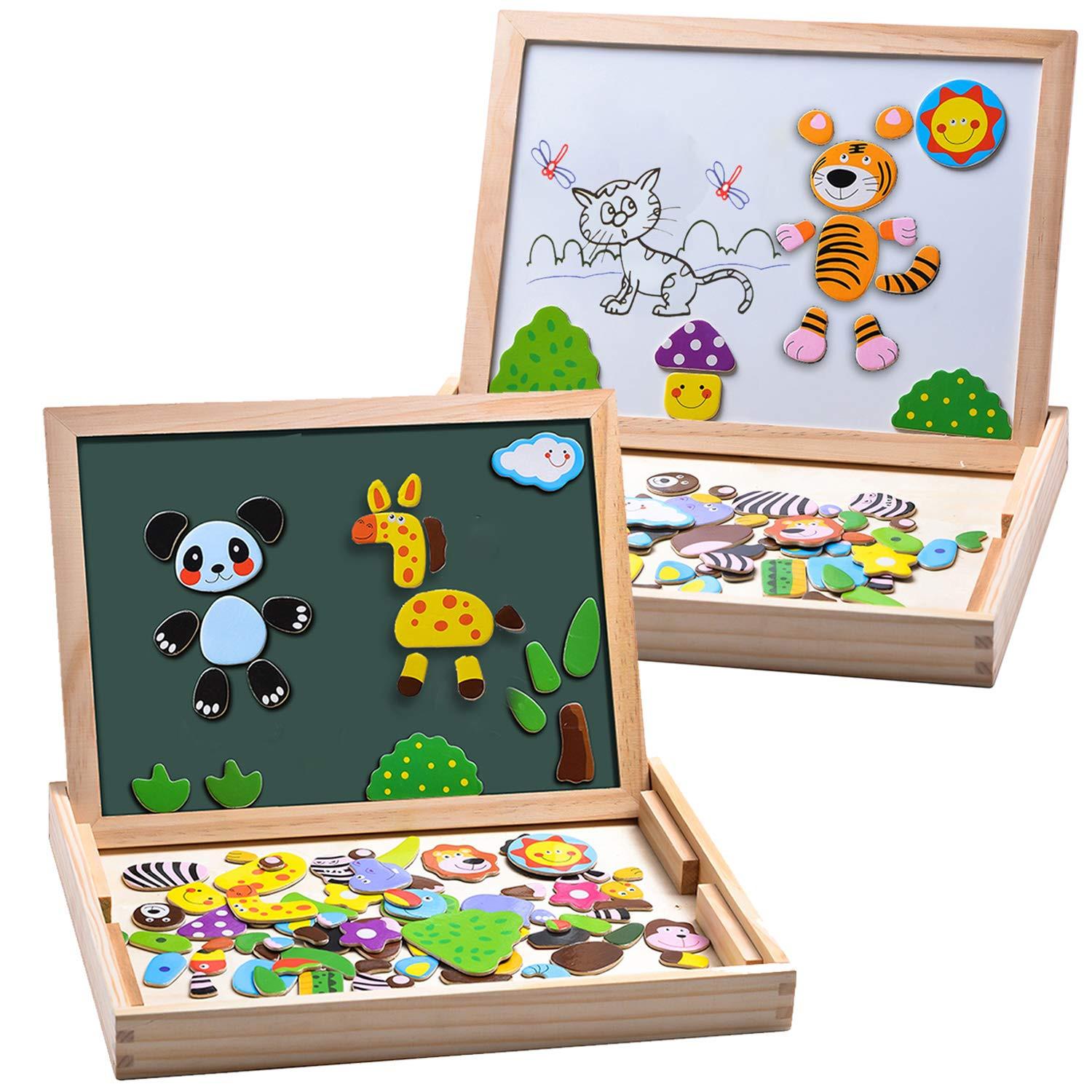 Activity-board  Puzzles magnétiques en bois, tableau de dessin magnétique double face avec 3 marqueurs de couleur pour enfants 