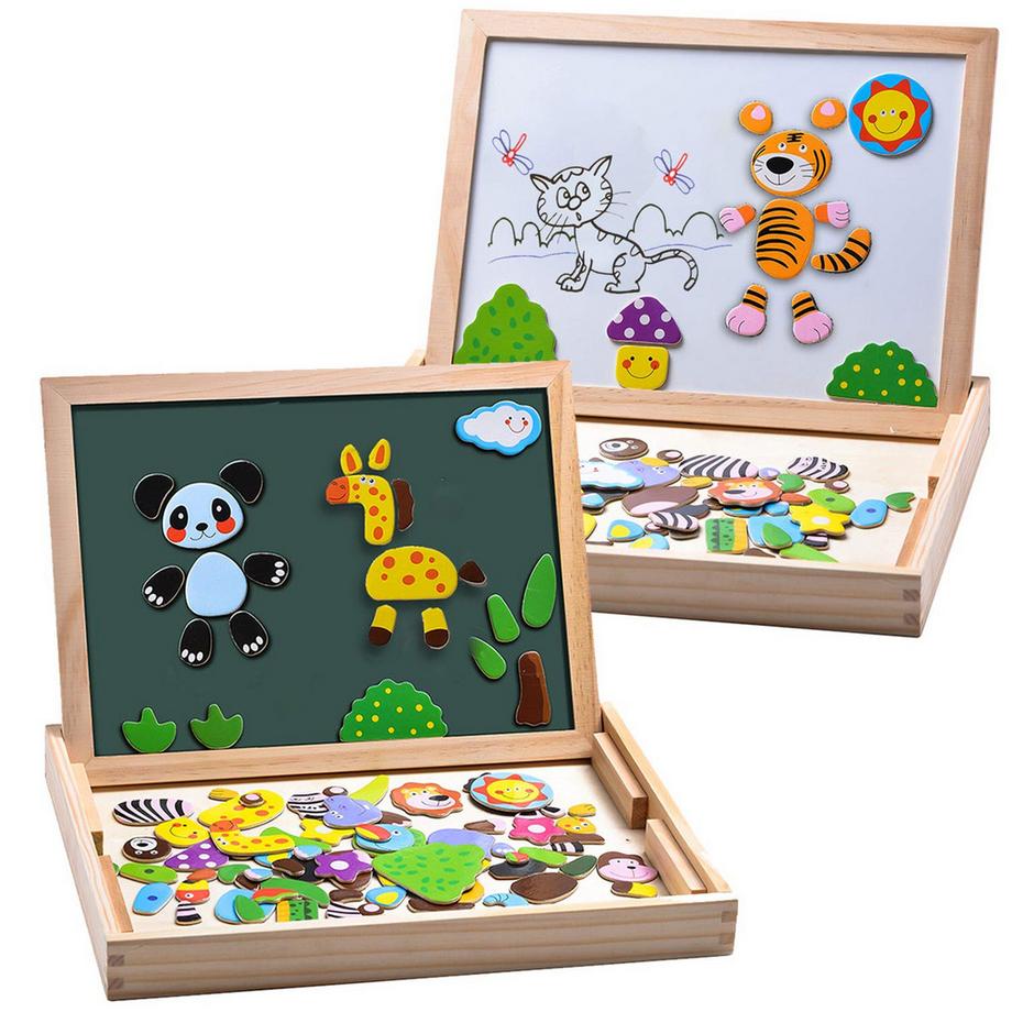 Magnetische Holzpuzzle, doppelseitige magnetische Zeichentafel mit 3 Farbmarkern für Kinder
