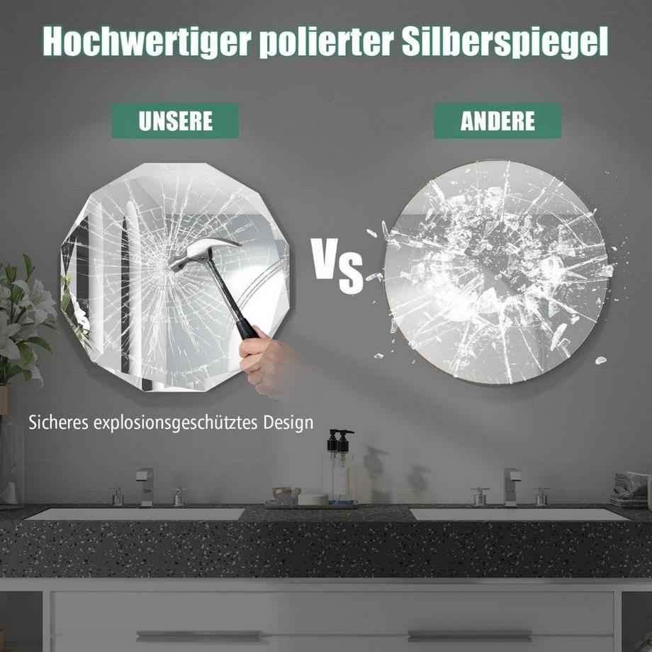 Northix Badspiegel Hängespiegel explosionsgeschützter Wandspiegel Badezimmerspiegel für Bad rund 76 x 76 x 5 cm  