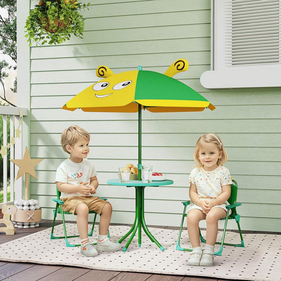 Northio Ensemble de 4 salons de jardin pour enfants avec 2 chaises pliantes, parasol réglable en hauteur, table de jardin, motif abeille pour enfants de 2 à 5 ans, vert |  