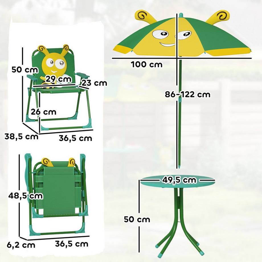 Northio Ensemble de 4 salons de jardin pour enfants avec 2 chaises pliantes, parasol réglable en hauteur, table de jardin, motif abeille pour enfants de 2 à 5 ans, vert |  