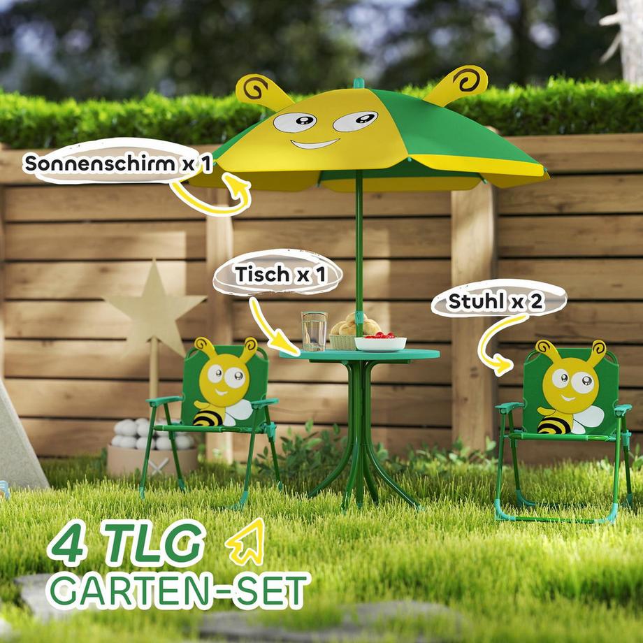 Northio Ensemble de 4 salons de jardin pour enfants avec 2 chaises pliantes, parasol réglable en hauteur, table de jardin, motif abeille pour enfants de 2 à 5 ans, vert |  