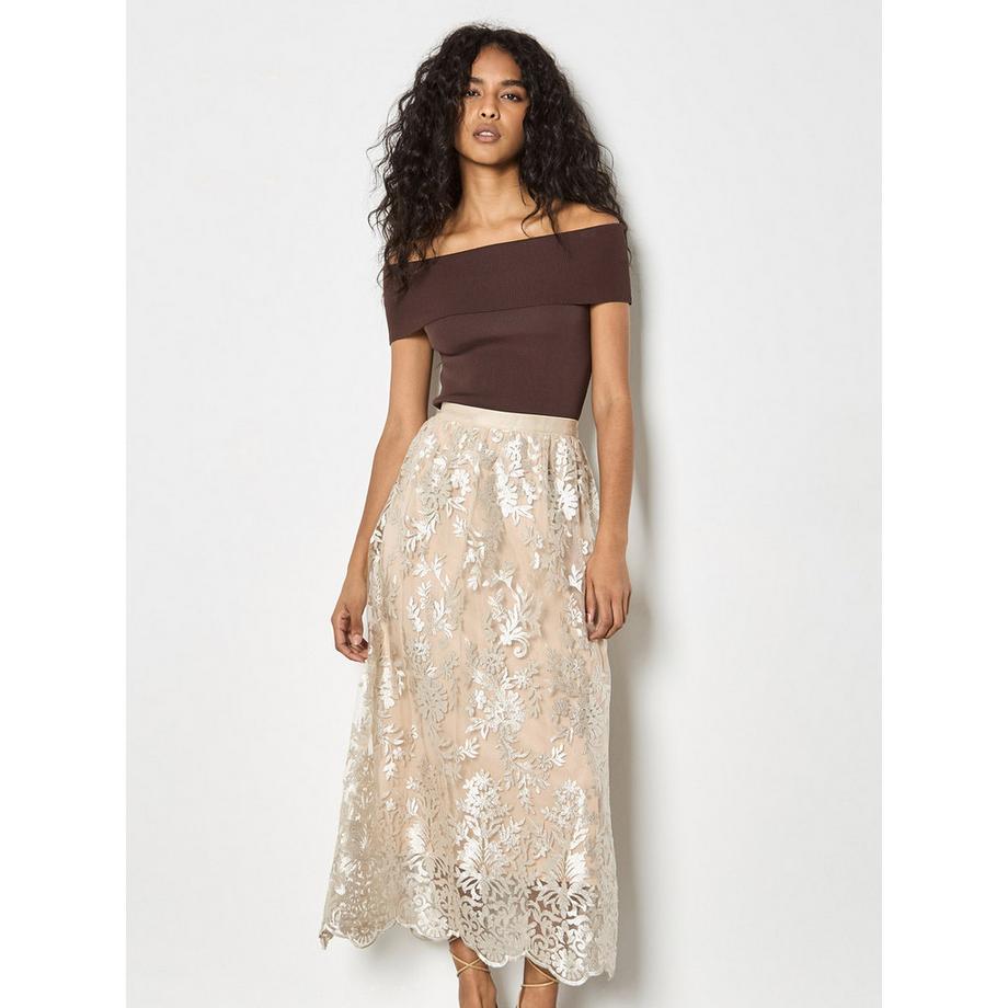 APRICOT Jupe Midi Chatoyante en Maille Broderie Florale  