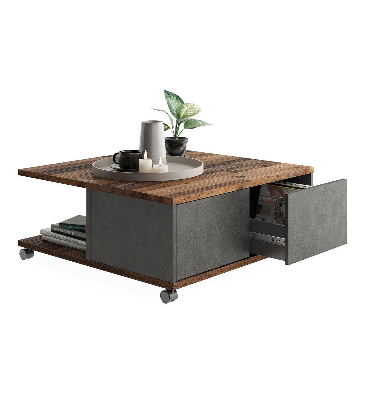 Calicosy Table Basse sur Roulettes 2 Tiroirs 2 Niches L70 cm - Twin  