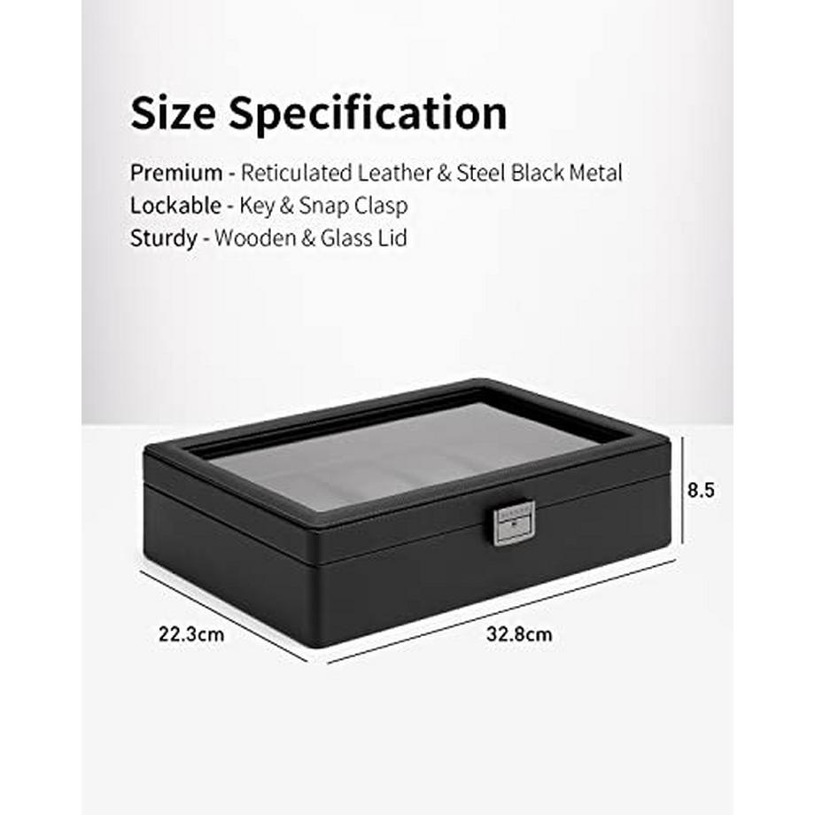 Only-bags.store  Uhrenbox mit 10 Fächern, Uhrenbox mit Glasdeckel, Uhrenaufbewahrung, Uhrenvitrine mit Uhrenkissen 