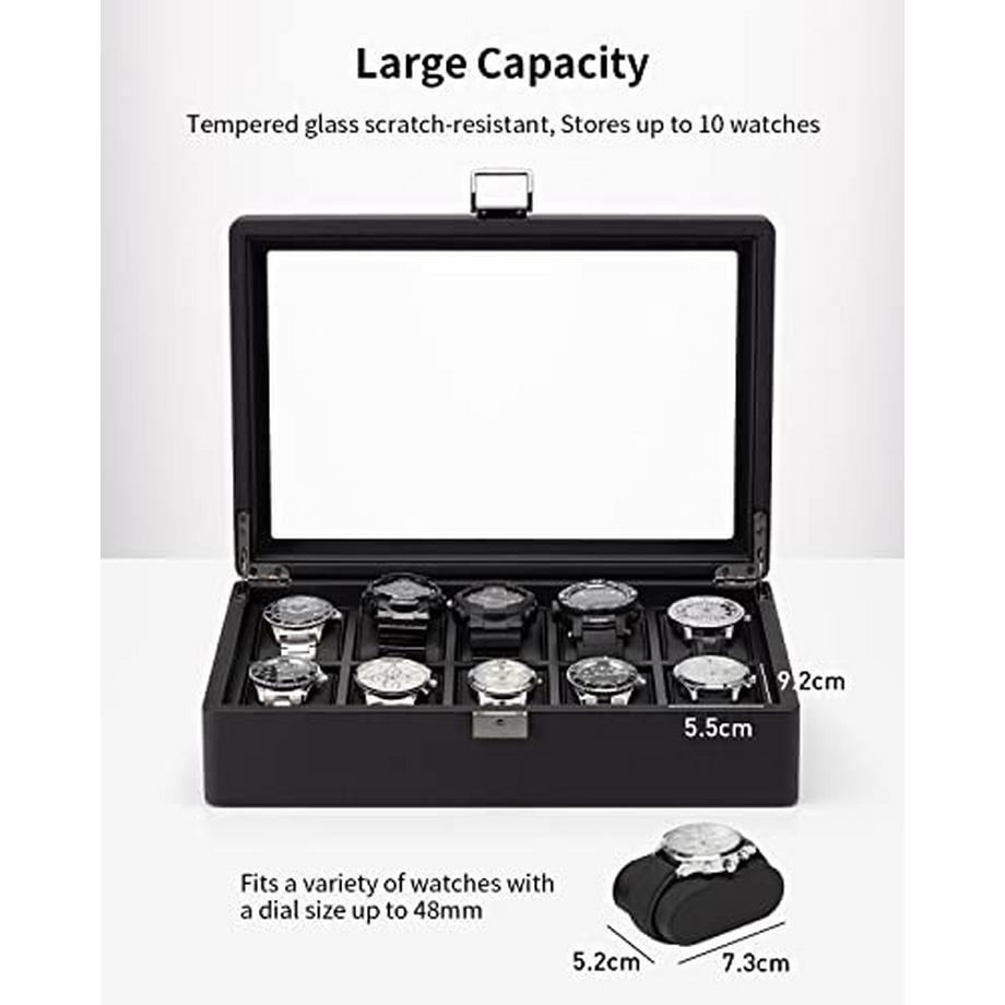 Only-bags.store  Uhrenbox mit 10 Fächern, Uhrenbox mit Glasdeckel, Uhrenaufbewahrung, Uhrenvitrine mit Uhrenkissen 