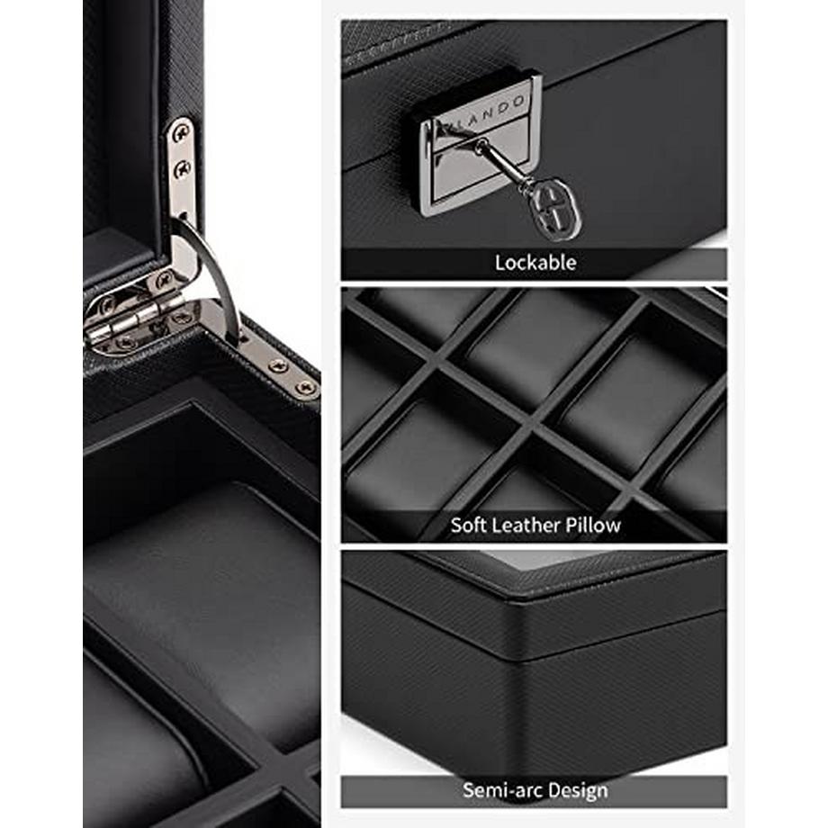 Only-bags.store  Uhrenbox mit 10 Fächern, Uhrenbox mit Glasdeckel, Uhrenaufbewahrung, Uhrenvitrine mit Uhrenkissen 
