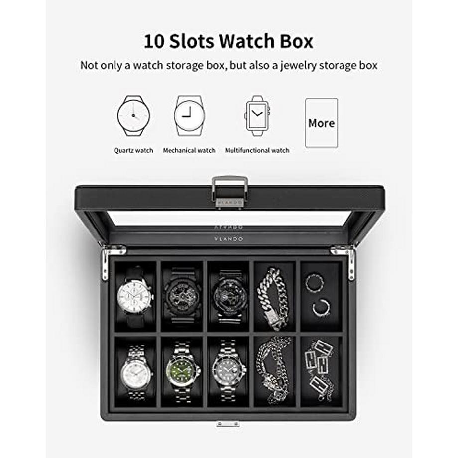 Only-bags.store  Uhrenbox mit 10 Fächern, Uhrenbox mit Glasdeckel, Uhrenaufbewahrung, Uhrenvitrine mit Uhrenkissen 