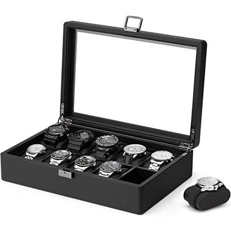 Only-bags.store  Boîte à montres avec 10 compartiments, boîte à montres avec couvercle en verre, rangement pour montres, vitrine pour montres avec coussin pour montre 