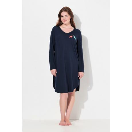 Ulla Popken  Chemise de nuit en coton bio, col rond et manches longues, imprimé chevaux 