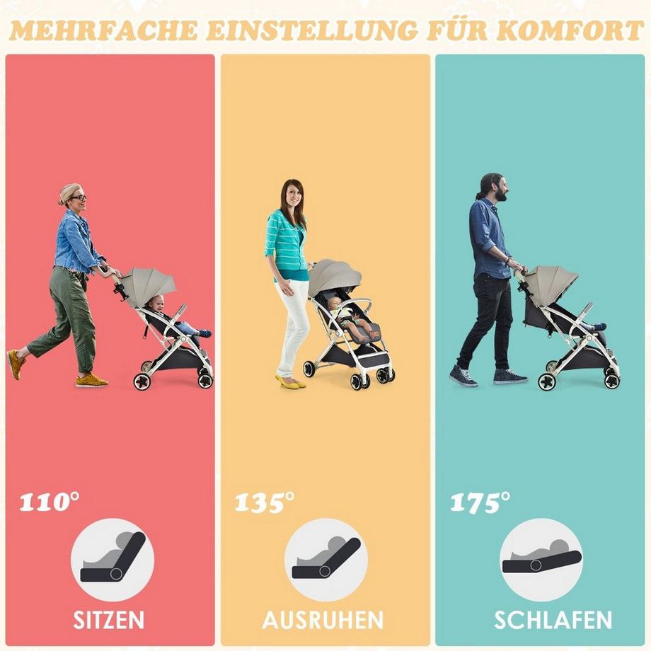 Northix  Kinderwagen faltbar Reisebuggy mit verstellbarem Rückenlehne & Verdeck Babywagen mit Becherhalter Grau 