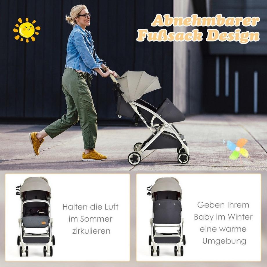 Northix  Kinderwagen faltbar Reisebuggy mit verstellbarem Rückenlehne & Verdeck Babywagen mit Becherhalter Grau 