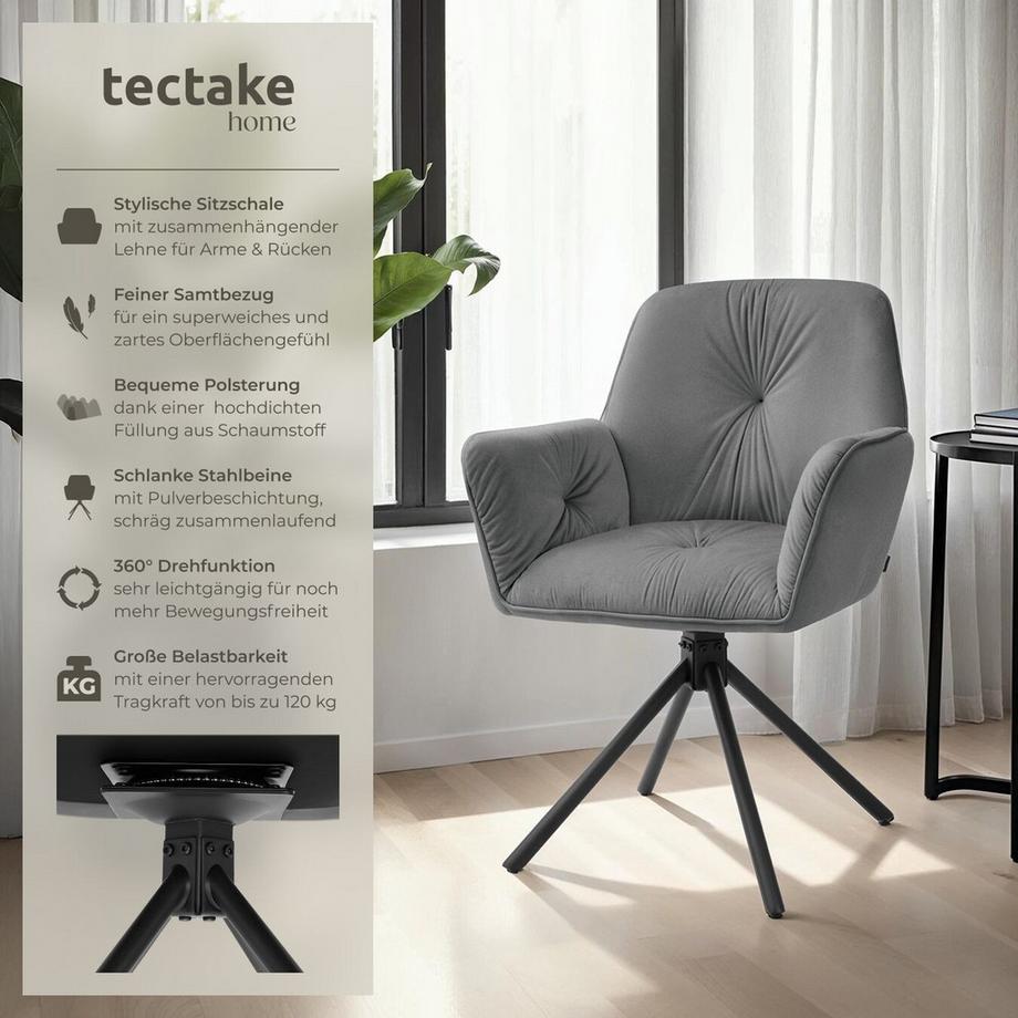 Tectake Drehbarer Armlehnstuhl Lenia in Samtoptik, gepolstert 360° drehbar, höhenverstellbare Kunststofffüße  