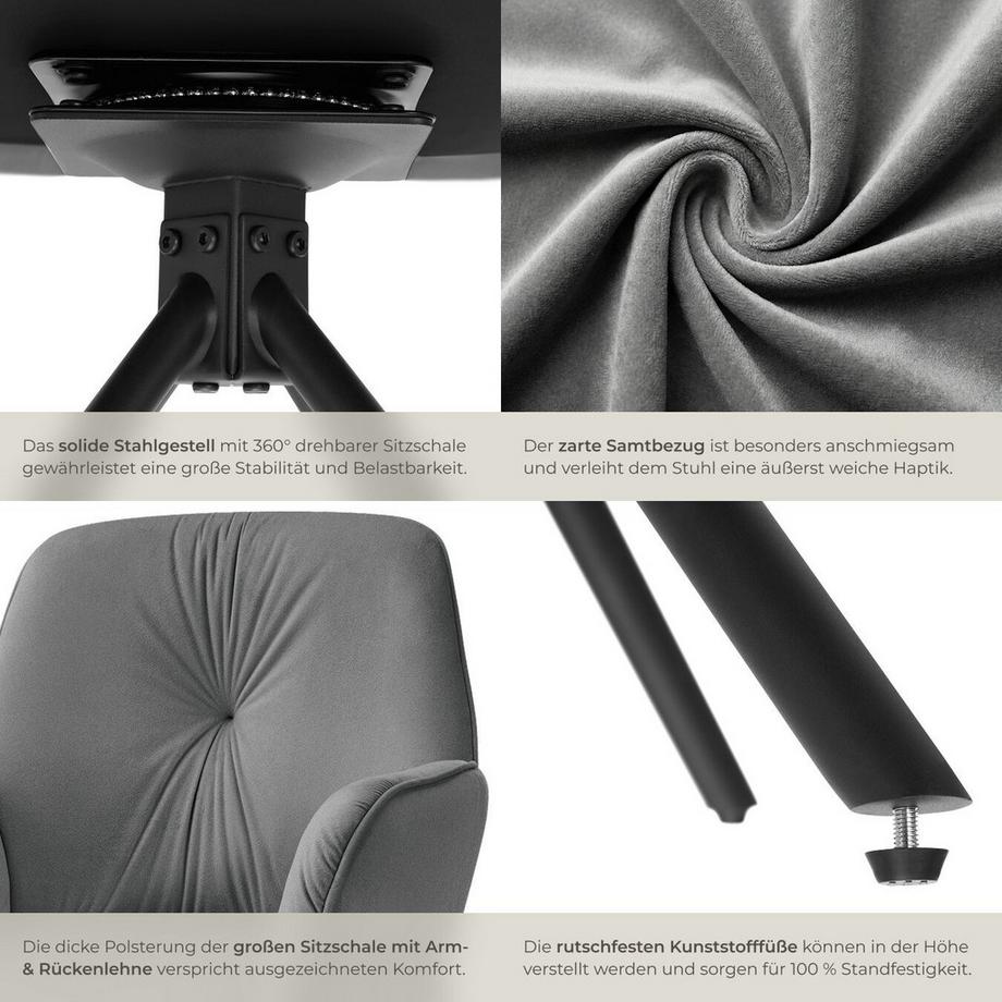 Tectake Drehbarer Armlehnstuhl Lenia in Samtoptik, gepolstert 360° drehbar, höhenverstellbare Kunststofffüße  