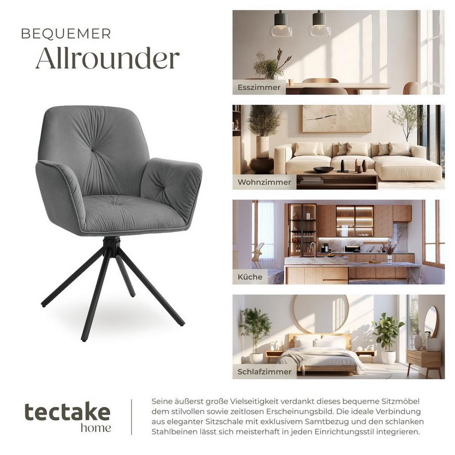 Tectake Drehbarer Armlehnstuhl Lenia in Samtoptik, gepolstert 360° drehbar, höhenverstellbare Kunststofffüße  