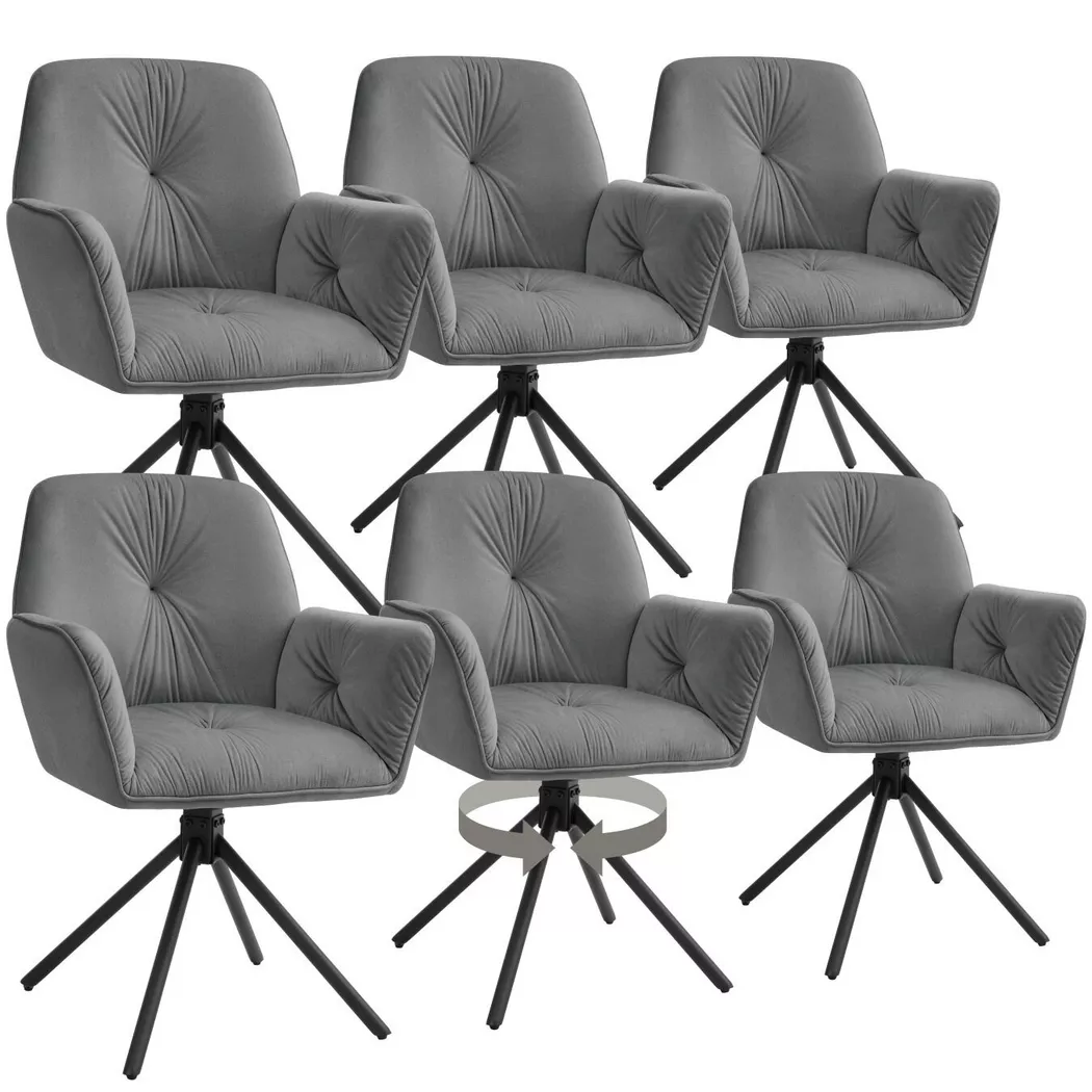Tectake - Lot de 6 chaises pivotantes 360° en velours rembourré anthracite/noir