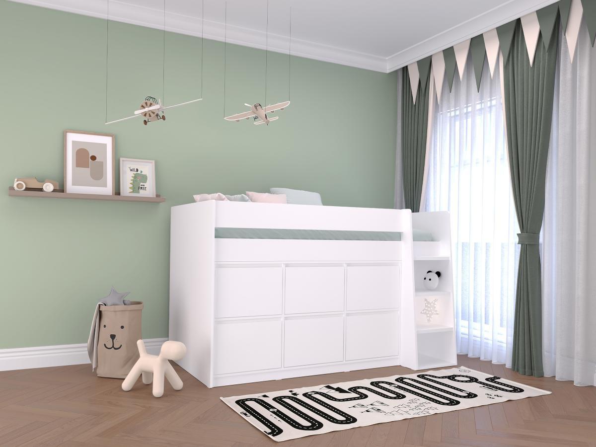 Vente-unique Letto mezza altezza 90 x 190 cm con 6 cassetti Bianco - CAMALETI  