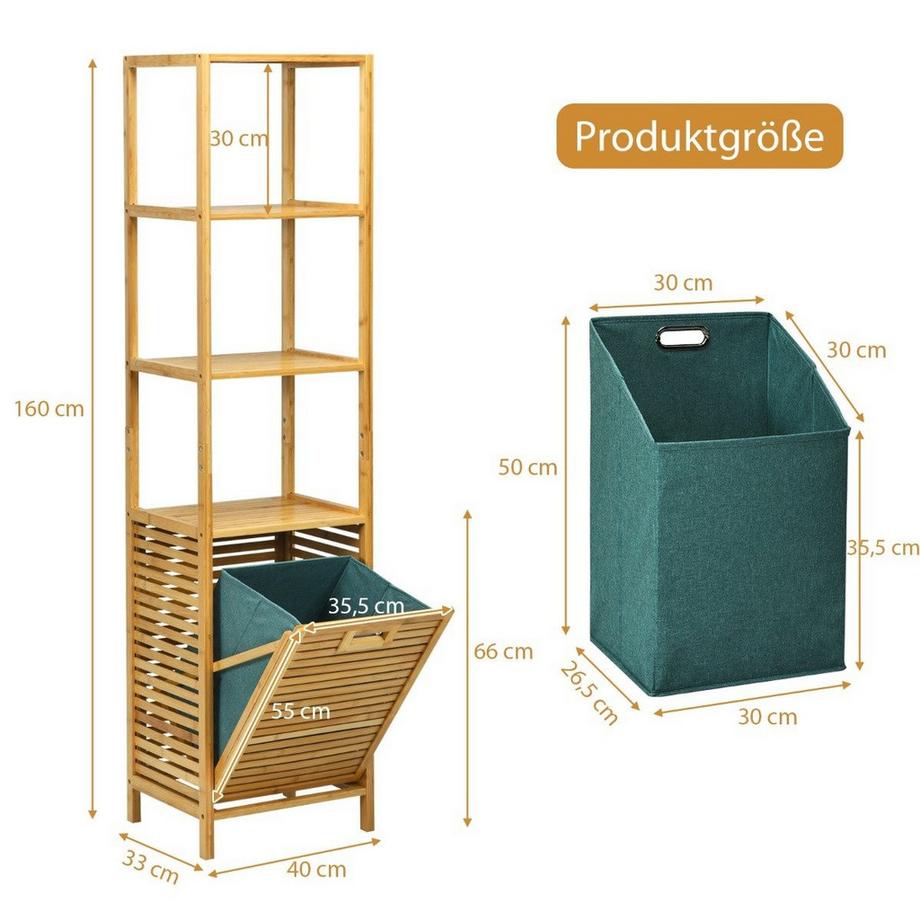 B2X Badezimmer Hochschrank mit Wäschekorb aus Bambus mit Regalen Ideal für Bad 40 x 33 x 160 cm Natur  