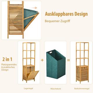 B2X Badezimmer Hochschrank mit Wäschekorb aus Bambus mit Regalen Ideal für Bad 40 x 33 x 160 cm Natur  